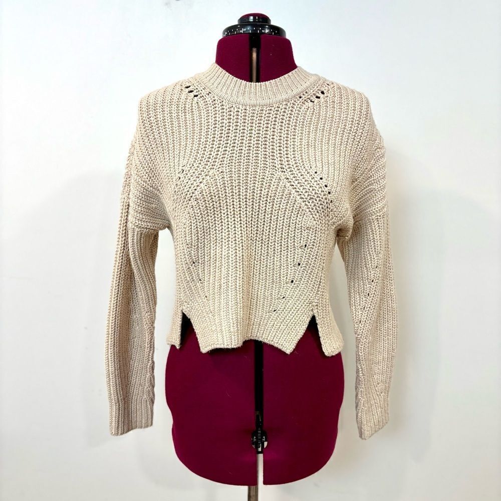INTERMIX Dinah Crew Neck Wool Blend Chunky Cropped Knit Cream Sweater S